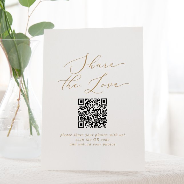 Delicate Gold Share The Love QR Code Wedding Pedestal Sign (Creator Uploaded)