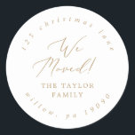 Delicate Gold We Moved Circular Return Address Classic Round Sticker<br><div class="desc">These delicate gold we moved circular return address stickers are perfect for a modern holiday card or moving announcement envelope. The romantic minimalist design features lovely and elegant champagne golden yellow typography on a white background with a clean and simple look.</div>