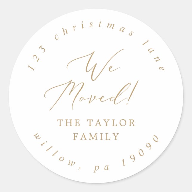 Delicate Gold We Moved Circular Return Address Classic Round Sticker (Front)