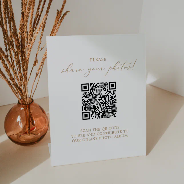 Delicate Gold Wedding Photo Sharing QR Code Pedestal Sign | Zazzle