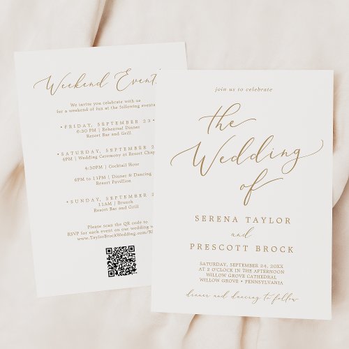 Delicate Gold Weekend Events QR Code Wedding Invitation
