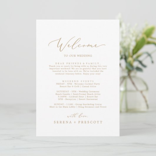 Delicate Gold Welcome Letter Itinerary & Map (Standing Front)