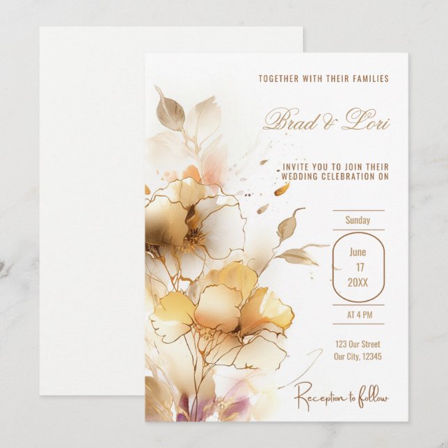 Delicate Golden Floral Wedding Invitation (Front/Back)