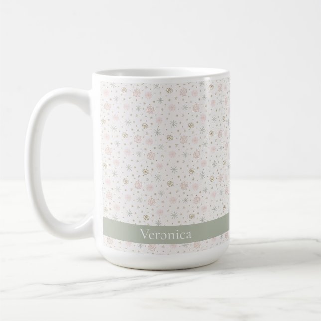 Delicate Gray Snowflake Pattern Christmas Name Coffee Mug (Left)