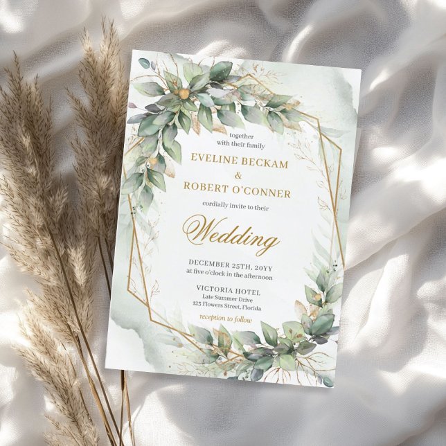 Delicate green eucalyptus and gold wedding invitation (Delicate green eucalyptus and gold wedding invitation)