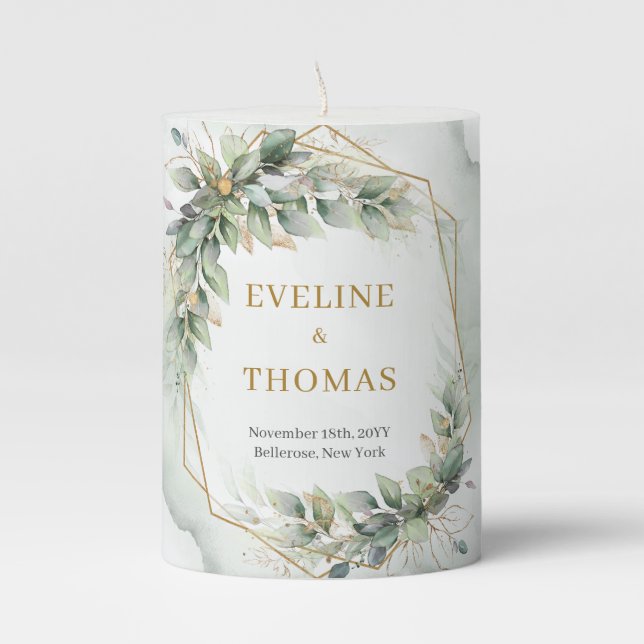 Delicate green eucalyptus and gold wedding pillar candle (Front)