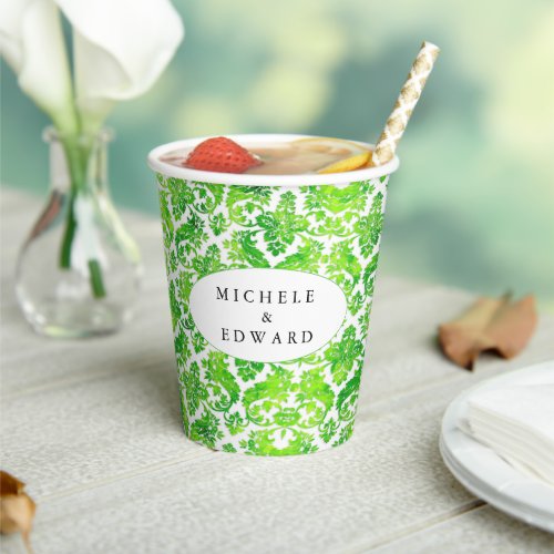 Delicate Green Grunge Damask Lace  Paper Cups