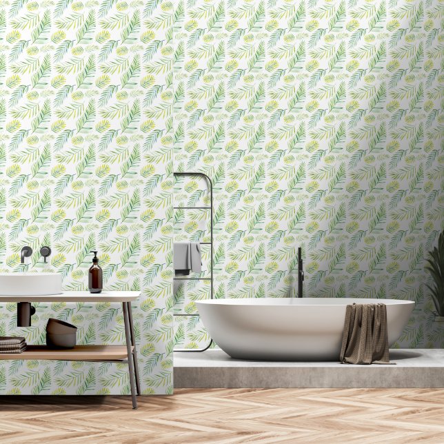 Delicate Green Leaves Wallpaper (Bathroom)
