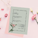 Delicate Green Pink Lily Spring Flower Wedding Invitation<br><div class="desc">This delicate and modern wedding invitation is perfect for the spring or summer. It features and hand-drawn and painted watercolor lily flower with its stem and leaves bordered in with a pinstripe black frame. The typography is elegant and complimentary. The color scheme includes dusty green, blush berry pink, forest green,...</div>
