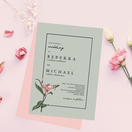 Delicate Green Pink Lily Spring Flower Wedding Invitation