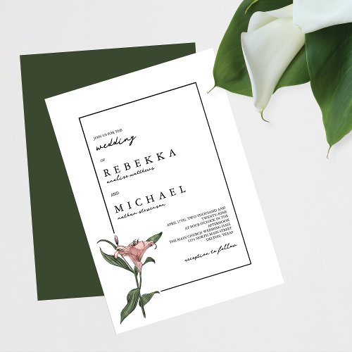 Delicate Green Pink Lily Spring Flower Wedding Invitation