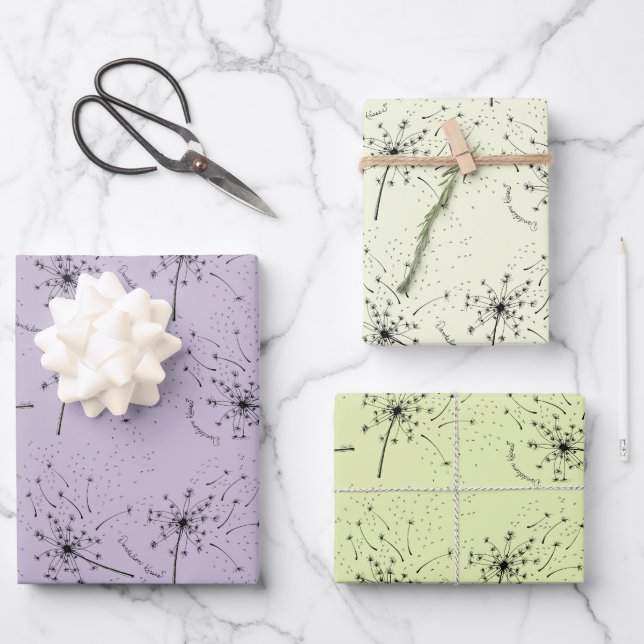 Delicate Green Wildflower Dandelion Kisses Floral Wrapping Paper Sheets (Front)