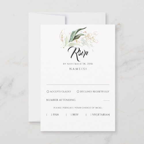 Delicate Greenery and Gold Leaves Wedding RSVP