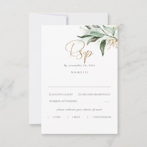 Delicate Greenery and Gold Leaves Wedding RSVP