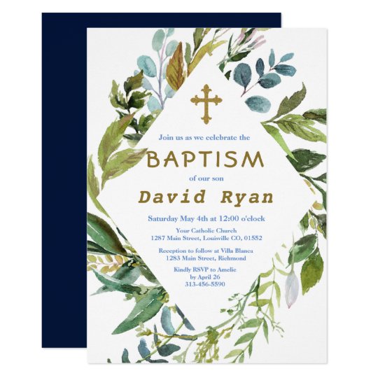 Delicate Greenery Frame Geometric Boy Baptism Invitation | Zazzle.com