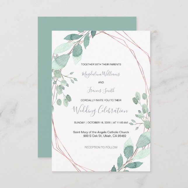 delicate greenery geometric frame wedding invitation (Front/Back)