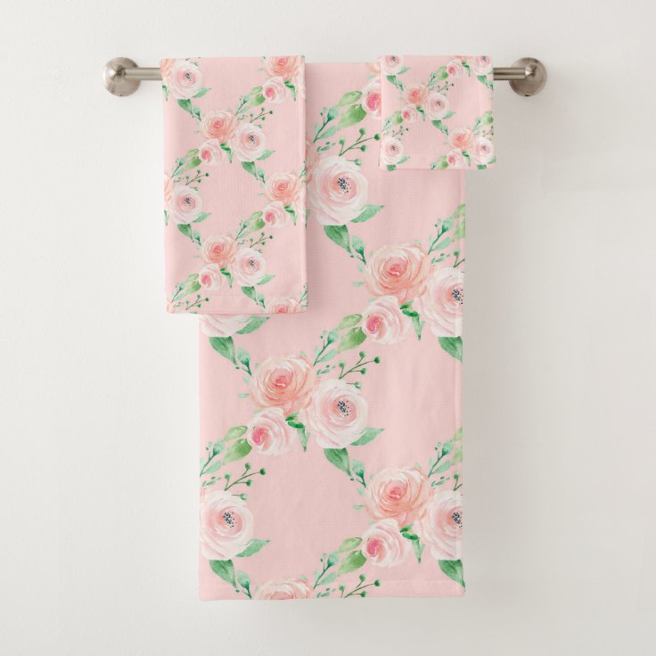 Delicate Greenery Pink Rose Bath Towel Set Zazzle