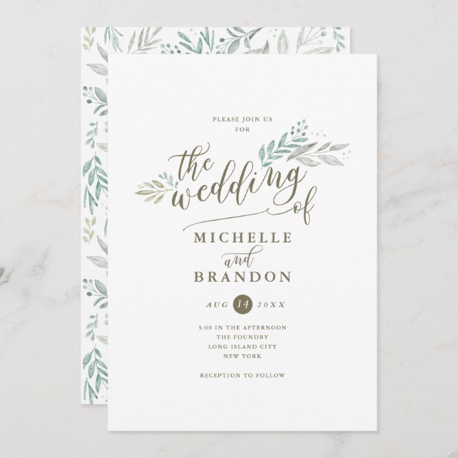 Delicate Greenery Script | Wedding Invitation (Front/Back)