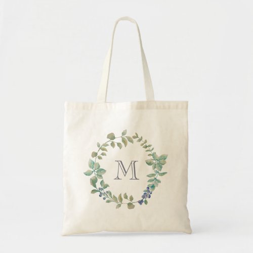 Delicate Greenery  Watercolor Wreath and Monogram Tote Bag