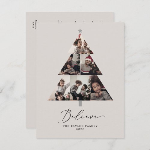 Delicate Greige Believe Christmas Tree 6 Photo Holiday Postcard