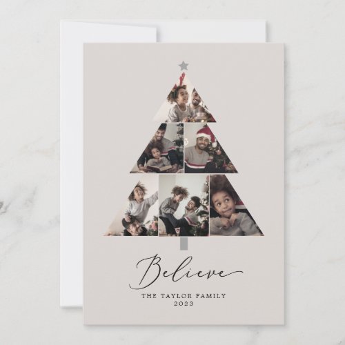 Delicate Greige Believe Christmas Tree 7 Photo Holiday Card