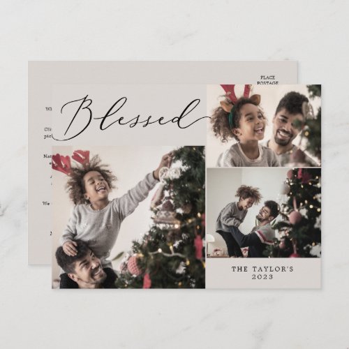 Delicate Greige Blessed 3 Photo Family Newsletter Holiday Postcard