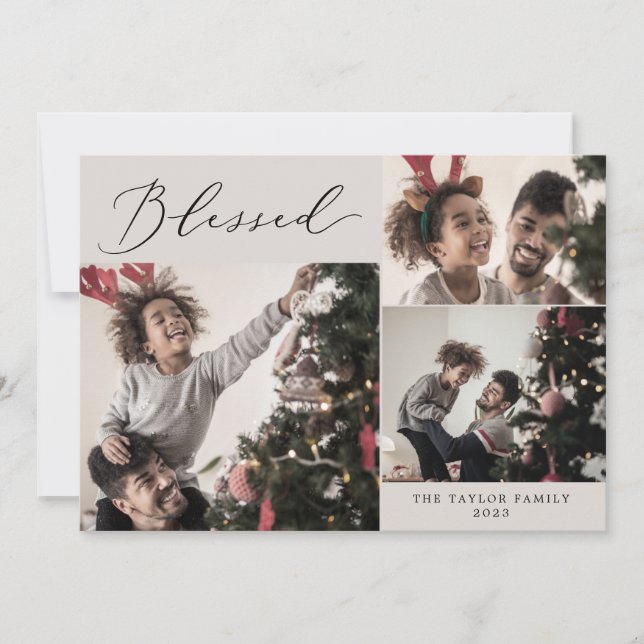 Delicate Greige Blessed 4 Photo Christmas Holiday Card (Front)