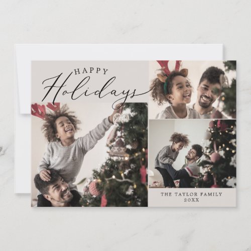 Delicate Greige Happy Holidays 4 Photo Newsletter Holiday Card