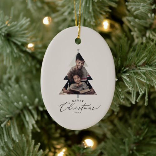 Delicate Greige Merry Christmas Tree Family Photo Ceramic Ornament
