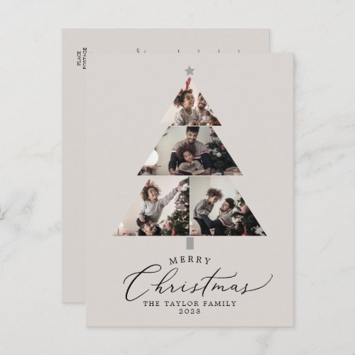 Delicate Greige Merry Christmas Tree Photo Family Holiday Postcard