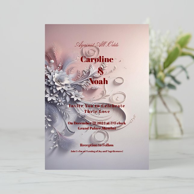 Delicate Grey Blooms on Blush Foil Invitation (Standing Front)