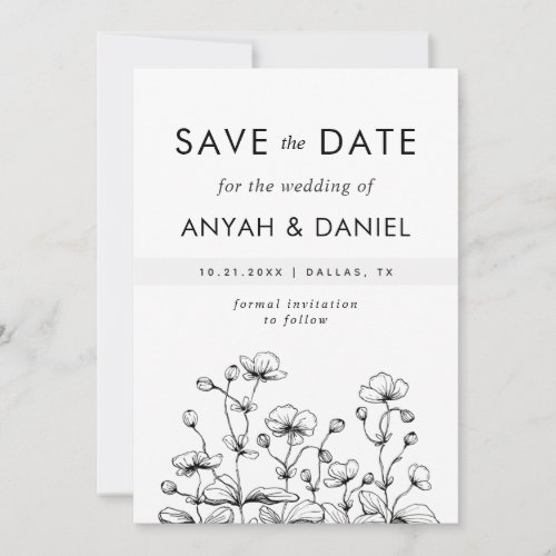 Delicate Hand Drawn Wild Flower Nature Black White Save The Date