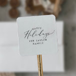 Delicate Happy Holidays Holiday Gift Square Sticker<br><div class="desc">These delicate happy holidays holiday gift stickers are perfect for a modern holiday present or holiday card. The romantic minimalist design features lovely and elegant black typography on a white background with a clean and simple look. Personalize the stickers with your name.</div>