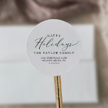 Delicate Happy Holidays Return Address Envelope Classic Round Sticker<br><div class="desc">These delicate happy holidays return address envelope stickers are perfect for a modern holiday card or invitation envelope. The romantic minimalist design features lovely and elegant black typography on a white background with a clean and simple look.</div>