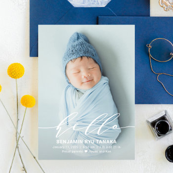 Delicate Hello Modern Baby Birth Announcement by berryberrysweet at Zazzle