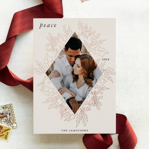 Delicate Holly  Elegant Photo Rose Gold Foil Holiday Card