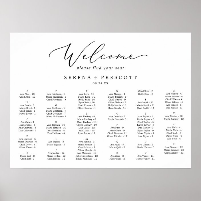 Delicate Horizontal Alphabetical Seating Chart Zazzle