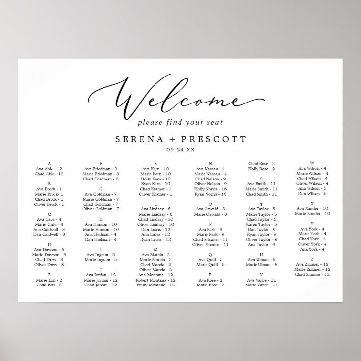 Delicate Horizontal Alphabetical Seating Chart | Zazzle