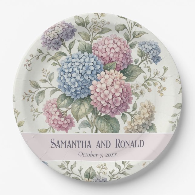 Delicate Hydrangea Flowers Wedding Paper Plates (Front)