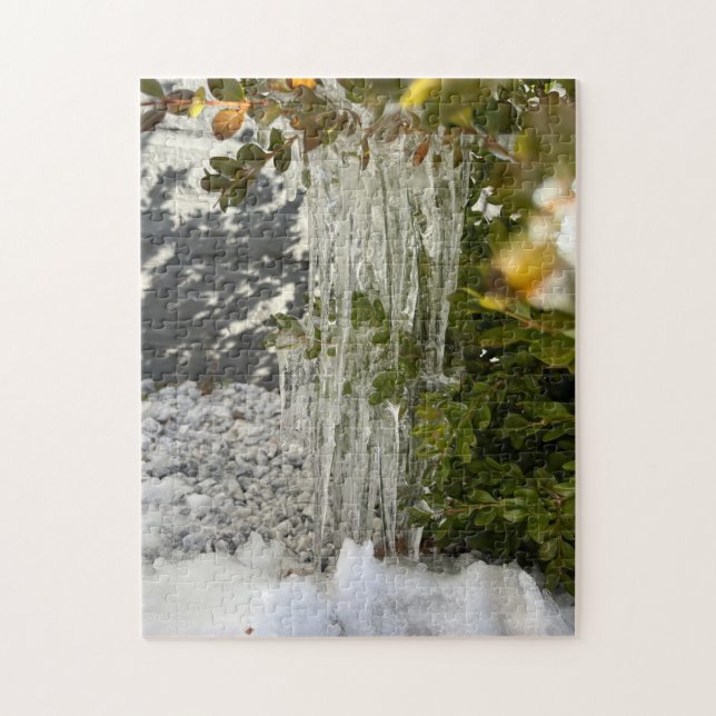 Delicate icicles hanging from a bush jigsaw puzzle (Vertical)
