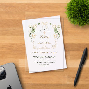 Delicate Ivory Roses Frame Baptism Acrylic Invitations