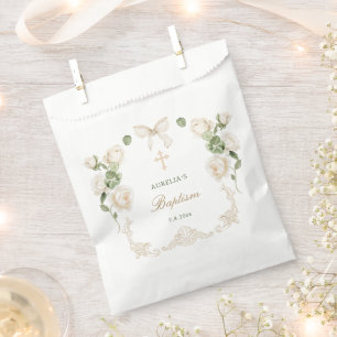 Delicate Ivory Roses Frame Baptism Favor Bag