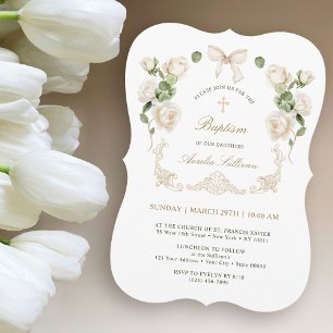 Delicate Ivory Roses Frame Baptism Invitation
