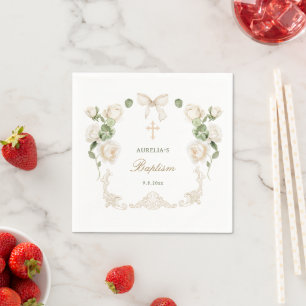 Delicate Ivory Roses Frame Baptism Napkins