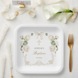 Delicate Ivory Roses Frame Baptism Paper Plates
