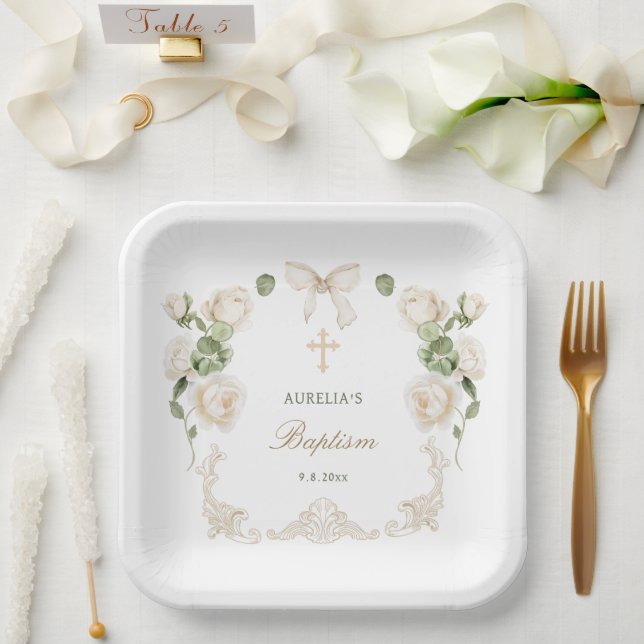 Delicate Ivory Roses Frame Baptism Paper Plates (Wedding)