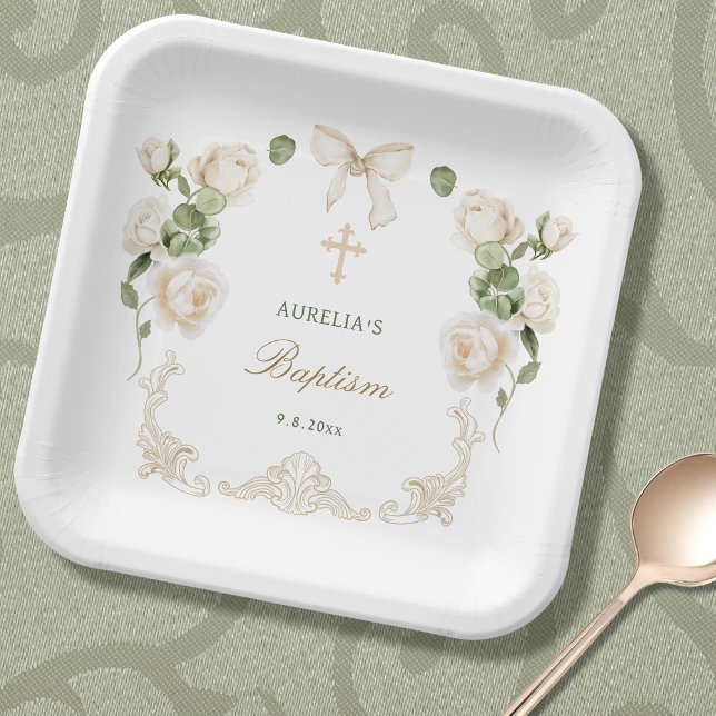Delicate Ivory Roses Frame Baptism Paper Plates (Creator Uploaded)