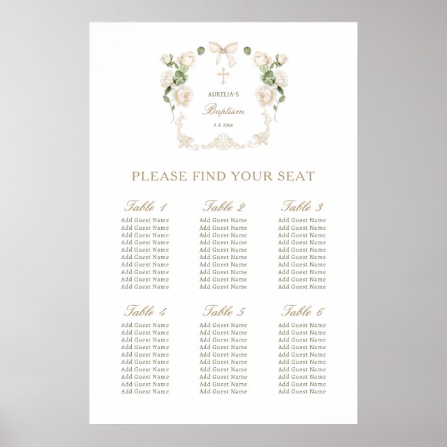Delicate Ivory Roses Frame Baptism Seating Chart (Front)