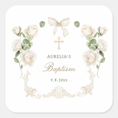 Delicate Ivory Roses Frame Baptism Square Sticker