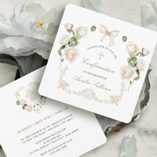 Delicate Ivory Roses Frame Confirmation Small Invitation (Creator Uploaded)